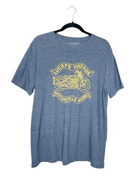 LUCKY BRAND Lucky's Vintage Motorcycle Works blue and yellow t-shirt size Large